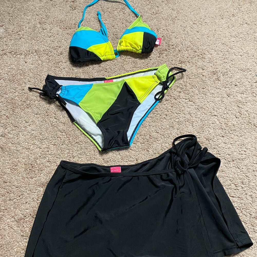 Bikini Neon Blue, Yellow, Black, Lima Limon Swimwear with Sarong, size XL fits S